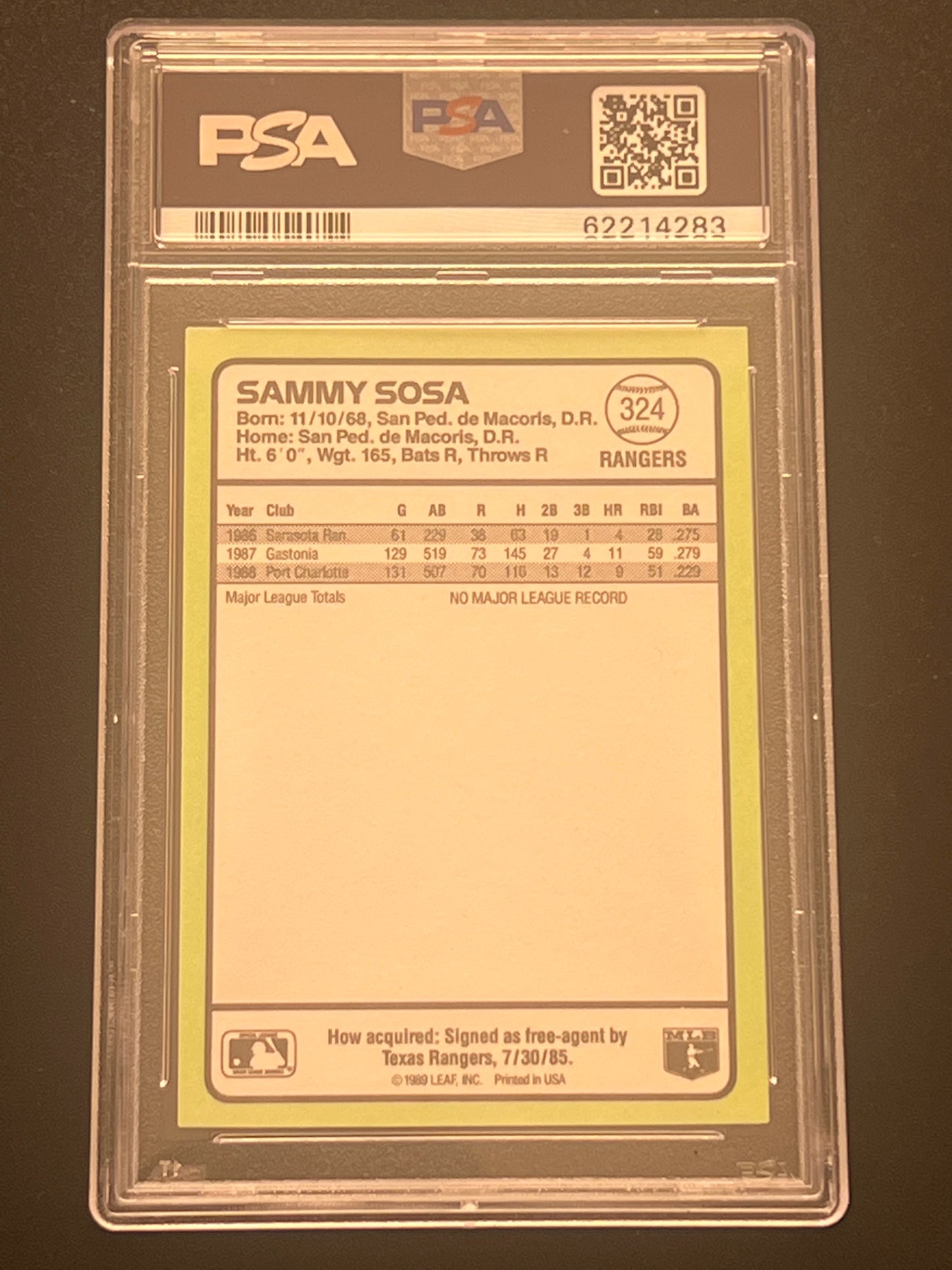 1989 Donruss SAMMY SOSA - #324 - PSA 8 NM-MT