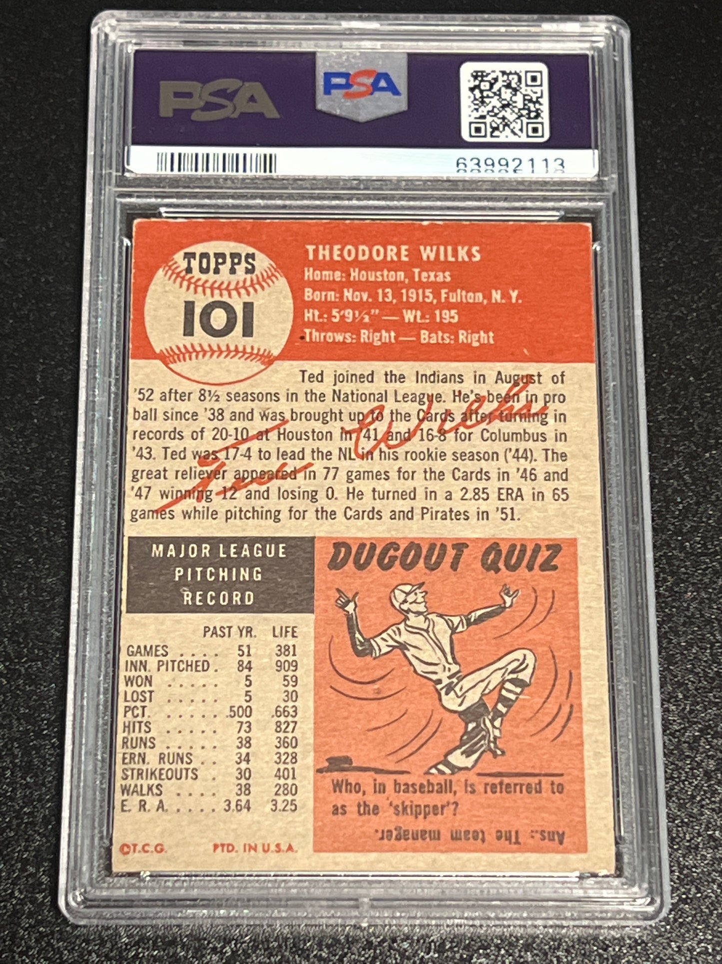 1953 Topps TED WILKS - #101 - PSA 1