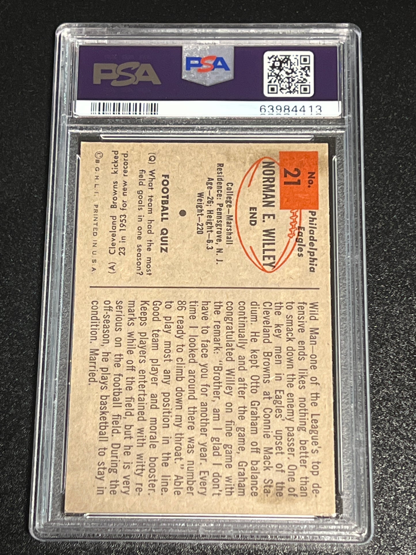 1954 Bowman NORM WILLEY - RC - #21 - PSA 5