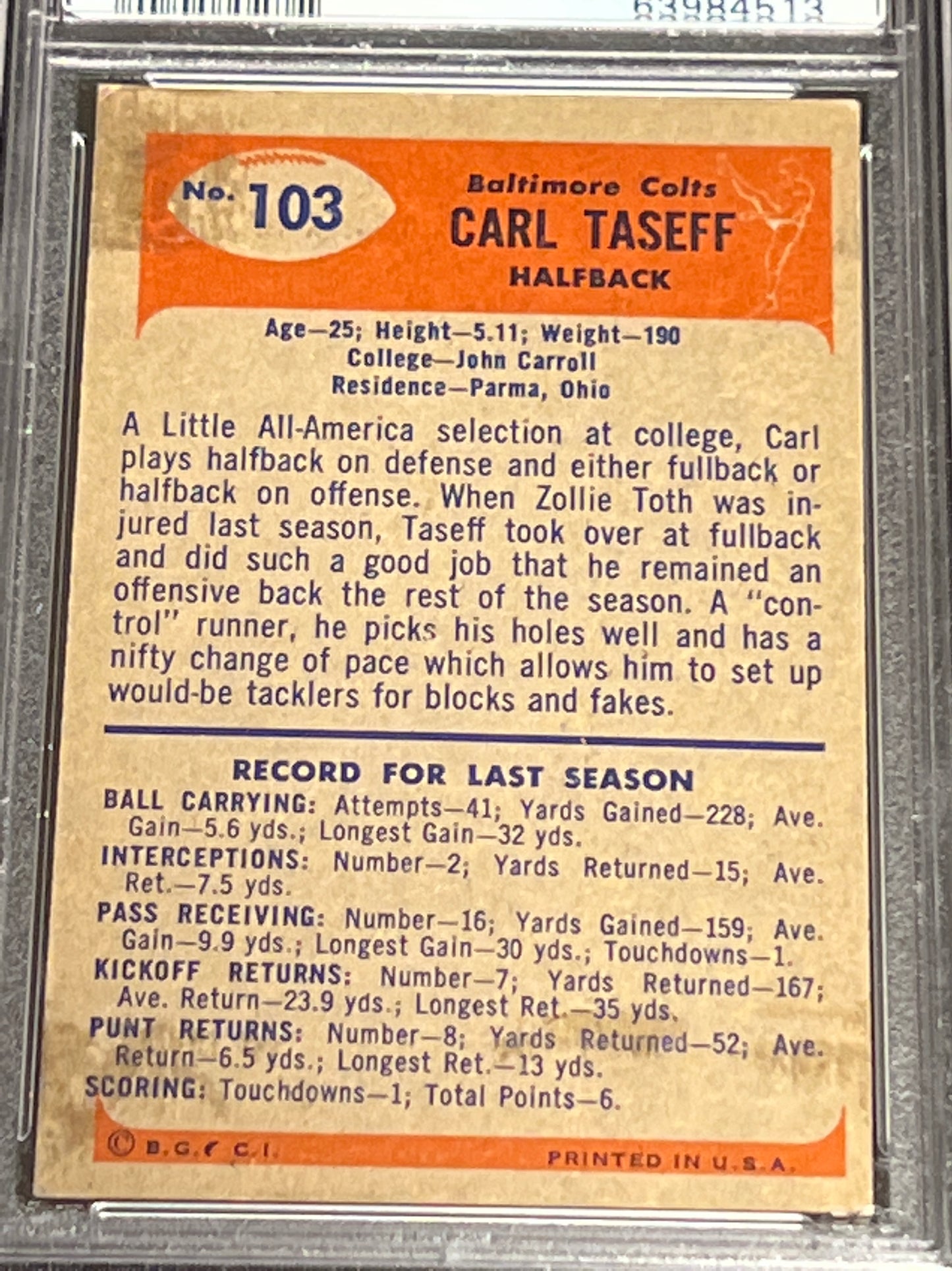 1955 Bowman CARL TASEFF - #103 - PSA 4