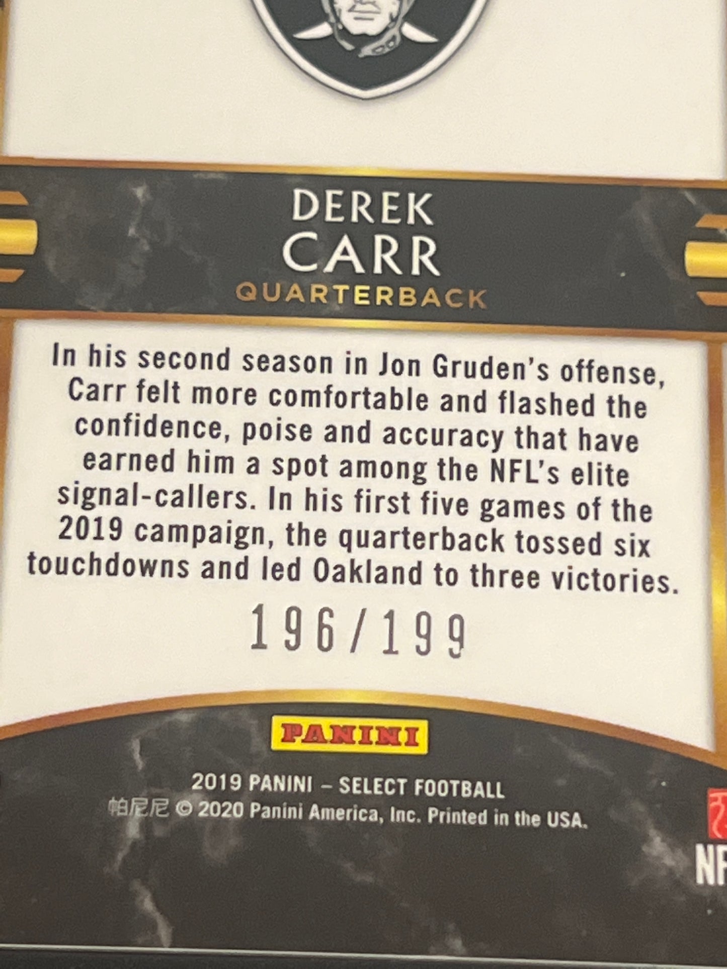 2019  Panini Select DEREK CARR - 196/199 - #169